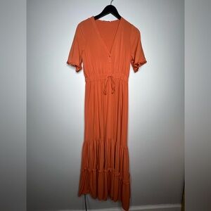 R. Vivimos Orange Maxi Dress, M, V-Neck, Ruffle Sleeve, Pom-pom Trim